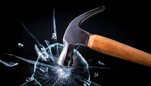 Hammer breaking glass, shattering, chips, impact, transparent, crack, iron, metal, moment, black background, close-up, design