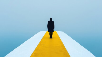 Obraz premium A person walking on a yellow and white path with fog in the background, AI