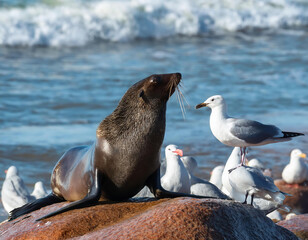 Obraz premium Sea lion and seagulls sitting at the coast of the Atlantic ocean