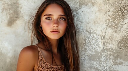 Fototapeta premium Close-up portrait of a young woman with long brown hair looking at the camera against a textured wall.