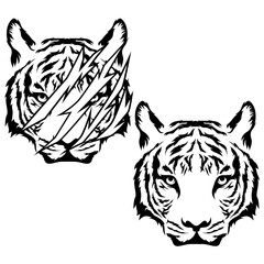 2 Tiger Head | Tiger | Stripe Animal | Big Cat Mammal | Forest Predator | Fierce Tigress | Tiger Faces | Tiger with Scratch | Original Illustration | Vector and Clipart | Cutfile and Stencil