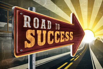 Fototapeta premium Illustration of a road sign with a large arrow shaped pointer, with a bolded vintage-style font that reads Road to Success.