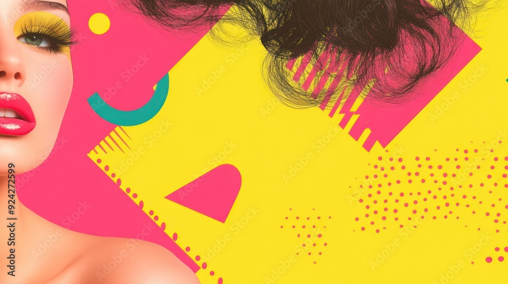 Wall mural A woman's eye with yellow eyeshadow and long eyelashes, red lips, and flowing black hair against a pink and yellow geometric background with polka dots.