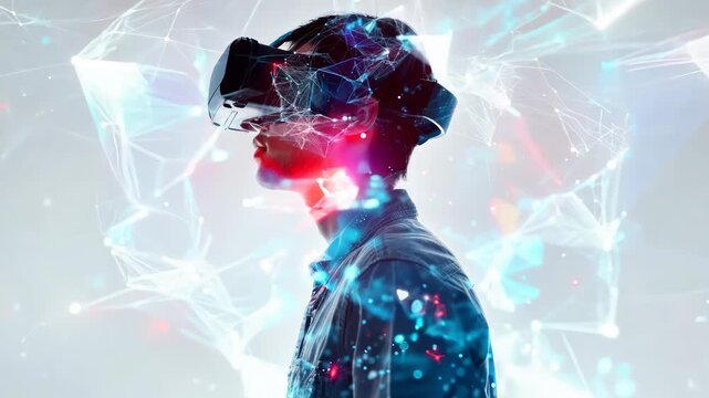 Man wearing virtual reality headset, double exposure video, technology metaverse 