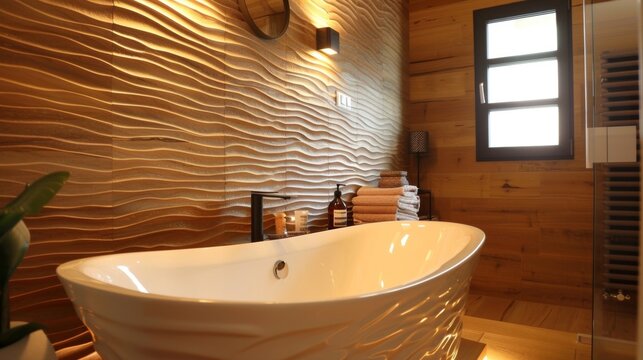 A spalike bathroom with natural wood textured wall tiles bringing a sense of warmth and relaxation to the space.