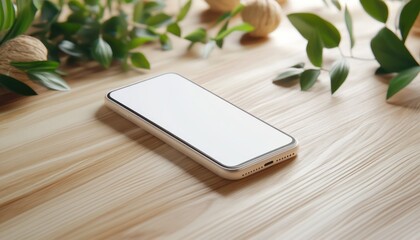 Technology Mockup Smartphone with Blank Screen on Wooden Table with Green Leaves, Perfect for App, Website, and Product Promotions