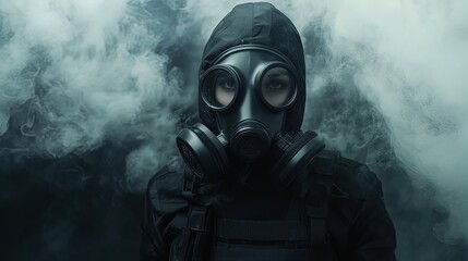 Mysterious Woman in Advanced Gas Mask: A Striking Poster for Sports Interiors, Symbolizing Preparedness and Resilience in Hazardous Scenarios Against a Smoky Atmosphere.