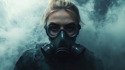 Mysterious Woman in Advanced Gas Mask: A Striking Poster for Sports Interiors, Symbolizing Preparedness and Resilience in Hazardous Scenarios Against a Smoky Atmosphere.