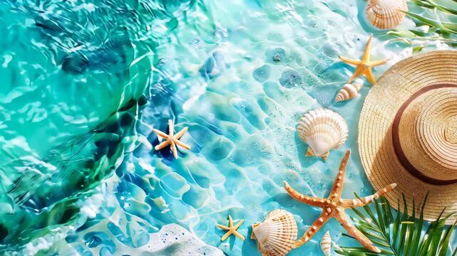 Summer holiday concept, beach accessories on the beach sand 