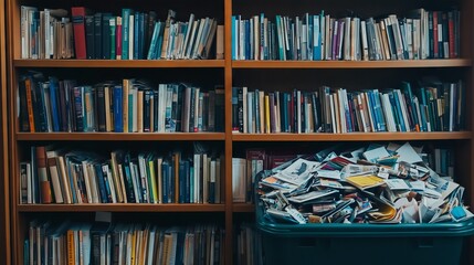 A bookshelf of knowledge stands beside a trash bin full of junk mail, showcasing value over worthless info.