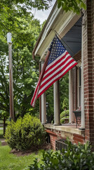 American Flag on Porch of Classic Suburban Home