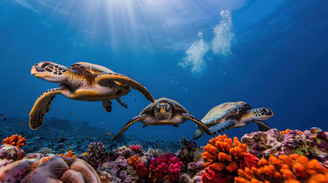 A trio of sea turtles swimming together above a colorful coral reef in clear blue ocean water.