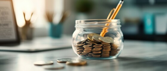 Naklejka premium Jar Filled with Coins and Pencils on Office Desk with Blurred Background in Morning Light