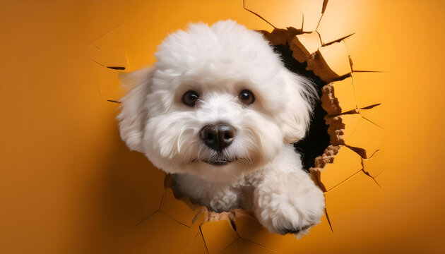Bichon friese breaking through a hole in the wall. Creative dog banner