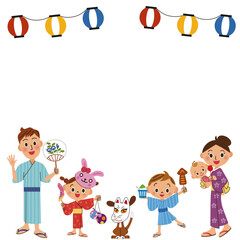 夏祭りの盆踊りを踊って楽しむ家族