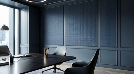 An elegant office space with embossed wall panels in a deep navy blue exuding a sense of professionalism and elegance.