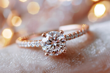 Fototapeta premium Close-up of a delicate engagement ring with a large diamond center and smaller diamonds on the band, set against a soft, sparkling bokeh background highlighting the brilliance
