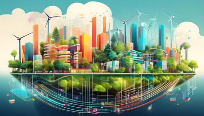 Fototapeta premium Vibrant Cityscape: A futuristic and colorful city skyline with bold, geometric buildings and vibrant green trees. The street below is bustling with activity, showcasing a vision of urban living with a