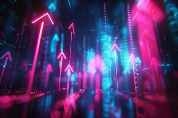 Dynamic Digital Visualization of Growth Trends with Neon Arrows and Binary Codes in a Futuristic Virtual Environment