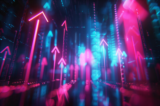 Dynamic Digital Visualization of Growth Trends with Neon Arrows and Binary Codes in a Futuristic Virtual Environment - Powered by Adobe