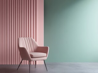 Modern Minimalist Interior with Pink Armchair Against Pastel Green and Pink Wall Panels