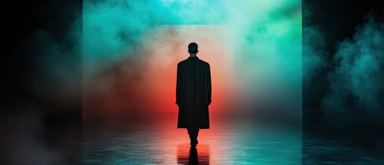 Obraz premium Mysterious Figure in Dark Coat Walking Towards Colorful Foggy Background in Modern Artistic Setting