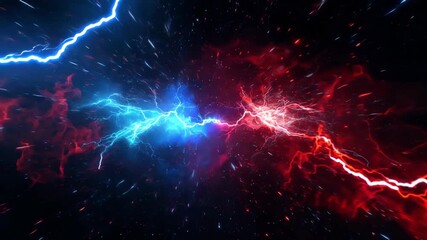 Lightning background, powerful flash form the collision, red and blue color, competition vs match game opening video
