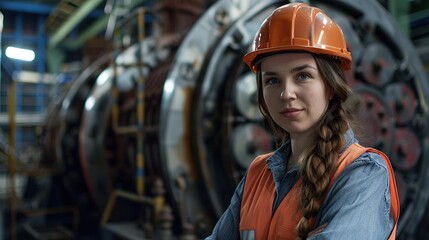 Portrait of a heavy equipment female engineer from a huge industry who came to inspect the metal sheet factory's machinery.