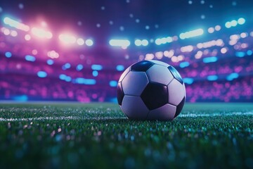 Naklejka premium 3D render of open air football empty stadium with single ball on grass, neon illumination and blurred tribunes with fans. with generative ai