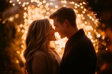 Romantic couple exchanging loving glances under soft lights creating a warm and intimate atmosphere