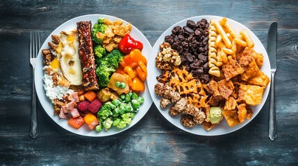 Fototapeta premium A nutritious meal of veggies and grains contrasts with tempting junk food, highlighting health vs. indulgence.