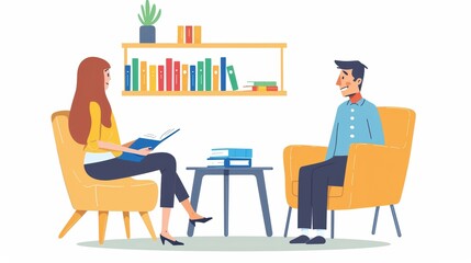 A woman and a man having a conversation in a cozy room with bookshelves. The illustration shows a relaxed atmosphere with books and plants.