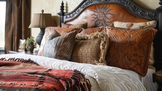The embossed leather headboard adds a touch of Old World charm to this rustic bedroom design.