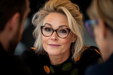 Obraz premium Female Professional Discussing Ideas With Her Team In A Modern Office Setting