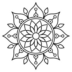 A black and white illustration of a flower mandala design.