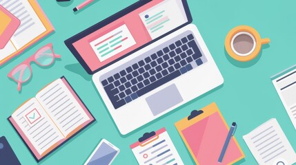 Flat lay of an organized workspace with a laptop, notebooks, clipboard, coffee cup, and stationery on a green background.