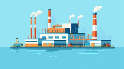 Obraz premium illustration of an industrial factory with chimneys emitting smoke, situated on a water body against a blue sky background.