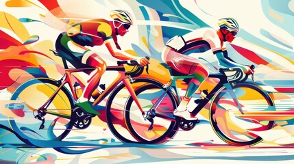 Fototapeta premium Colorful abstract painting of two cyclists racing, capturing movement, speed, and athleticism in vibrant hues and dynamic brushstrokes.