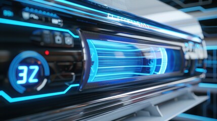 Obraz premium Futuristic technology concept with glowing blue and silver elements, showcasing advanced machinery and innovation in a sleek design.