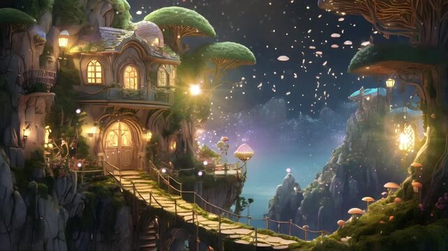 A dream house shaped like a fairy tale mushroom with lots of fireflies. Seamless 4K looping timelapse video animation background