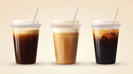 Drink banner, Set of cold ice coffee, caramel latte coffee and black