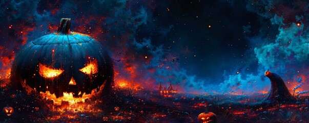 Fototapeta premium Happy abstract dark Halloween background with creepy pumpkins and scary smoke clouds. Jack pumpkin head. Illustration for card or poster for Halloween greetings. With copy space