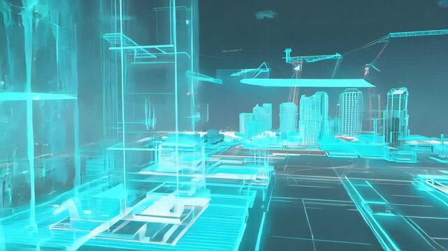 Futuristic City Construction with 3D Holographic Buildings and High Tech Architecture in a Digital Environment