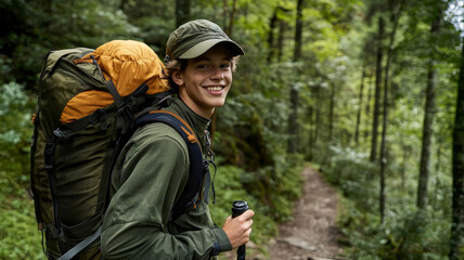 portrait of a teenage male in hiking gear on a trail