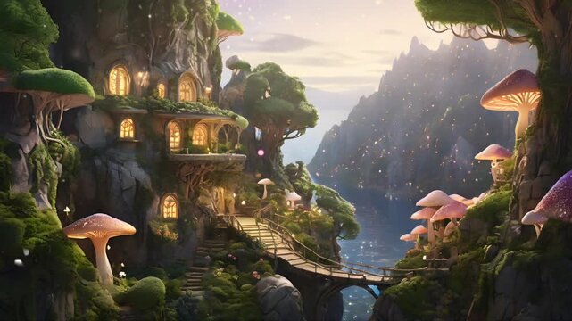 A dream house shaped like a fairy tale mushroom with lots of fireflies. Seamless 4K looping timelapse video animation background