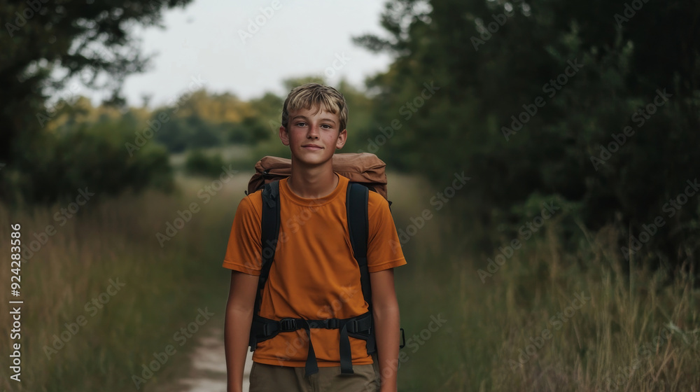 Wall mural portrait of a teenage male in hiking gear on a trail