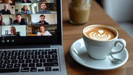 A cup of latte with a heart design in the foam sitting next to an open laptop displaying a video call with several people.