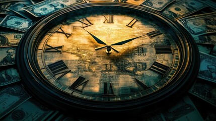 A clock with multiple currencies circling around it, symbolizing the continuous and dynamic nature of the forex market. ongoing flow and activity within global financial trading.