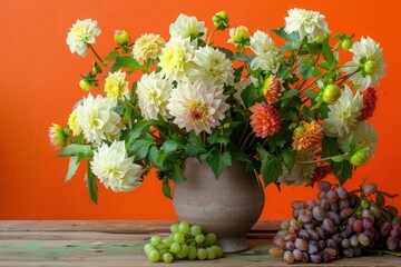 Obraz premium A large bouquet of dahlias in a gray clay vase on a wooden table. Nearby lies a bunch of green grapes. Orange background. White, yellow, red flowers.
