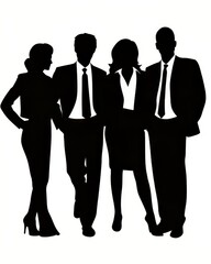 Silhouettes of four business professionals in formal attire standing together.